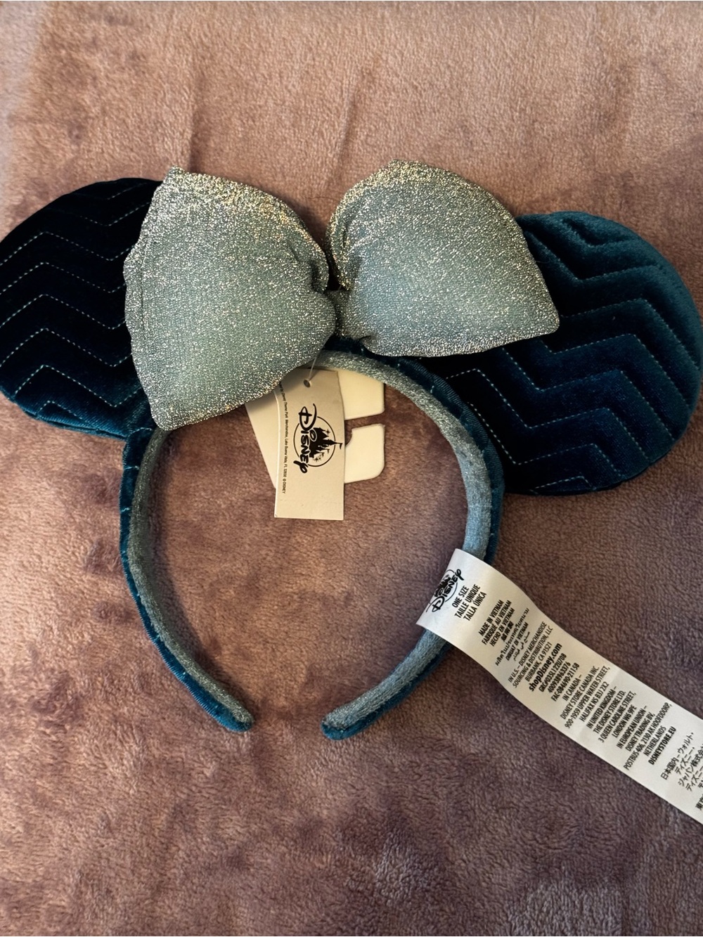 Disney Teal Velvet Minnie Ears Headband with Sparkling Silver Bow